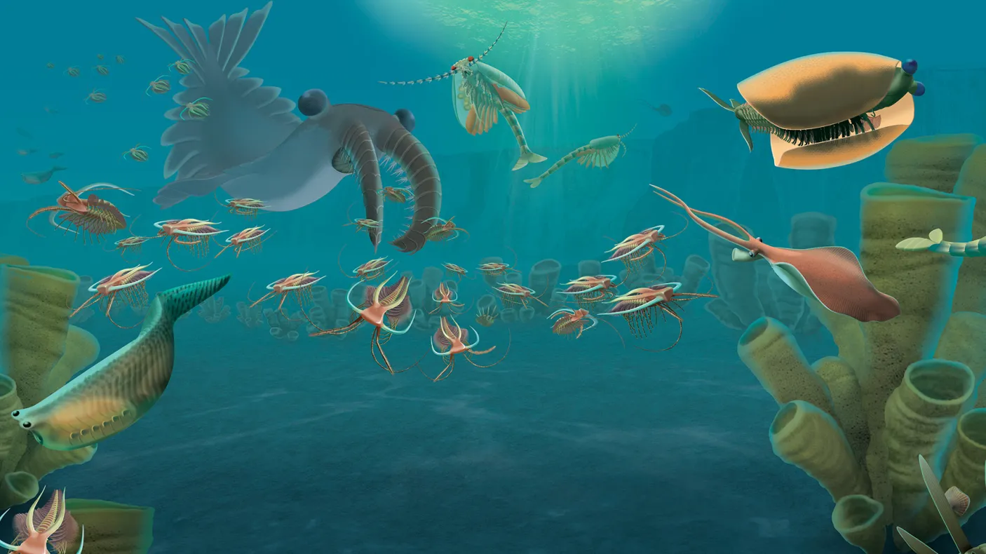 An artist's illustration of an ancient sea scape teeming with life.