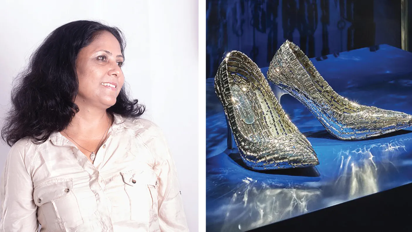 Artist Tayeba Begum Lipi and Two high heels made of razorblades. Not For Me, 2018. Stainless steel razor blades, 16 x 22 x 9 cm (each shoe). Collection of Royal Ontario Museum. This acquisition was made possible with the generous support of the Louise Hawley Stone Charitable Trust, Peer Review Fund. Photo: ROM
