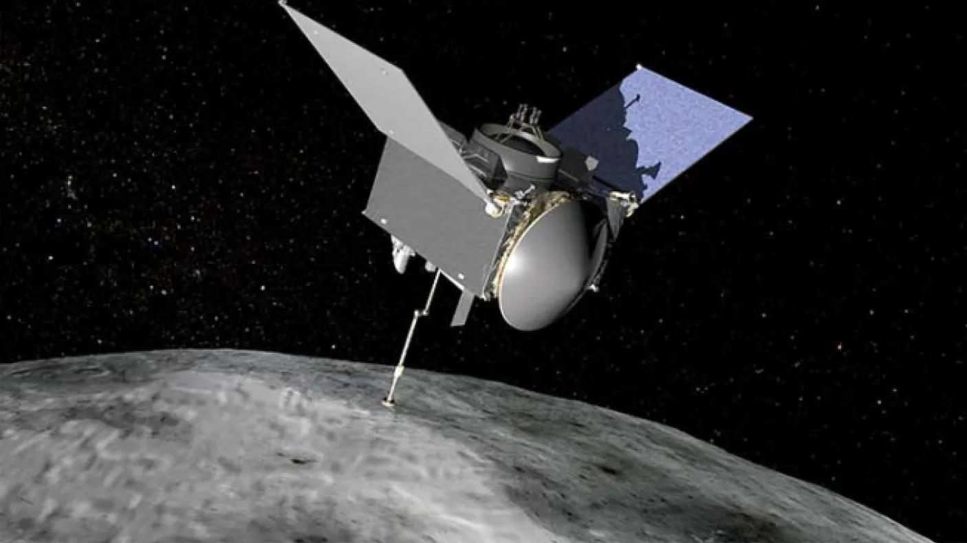 2016-09-30 - OSIRIS-REx extends its sampling arm as it moves in to make contact with the asteroid Bennu. (Credit: NASA/Goddard Space Flight Center)
