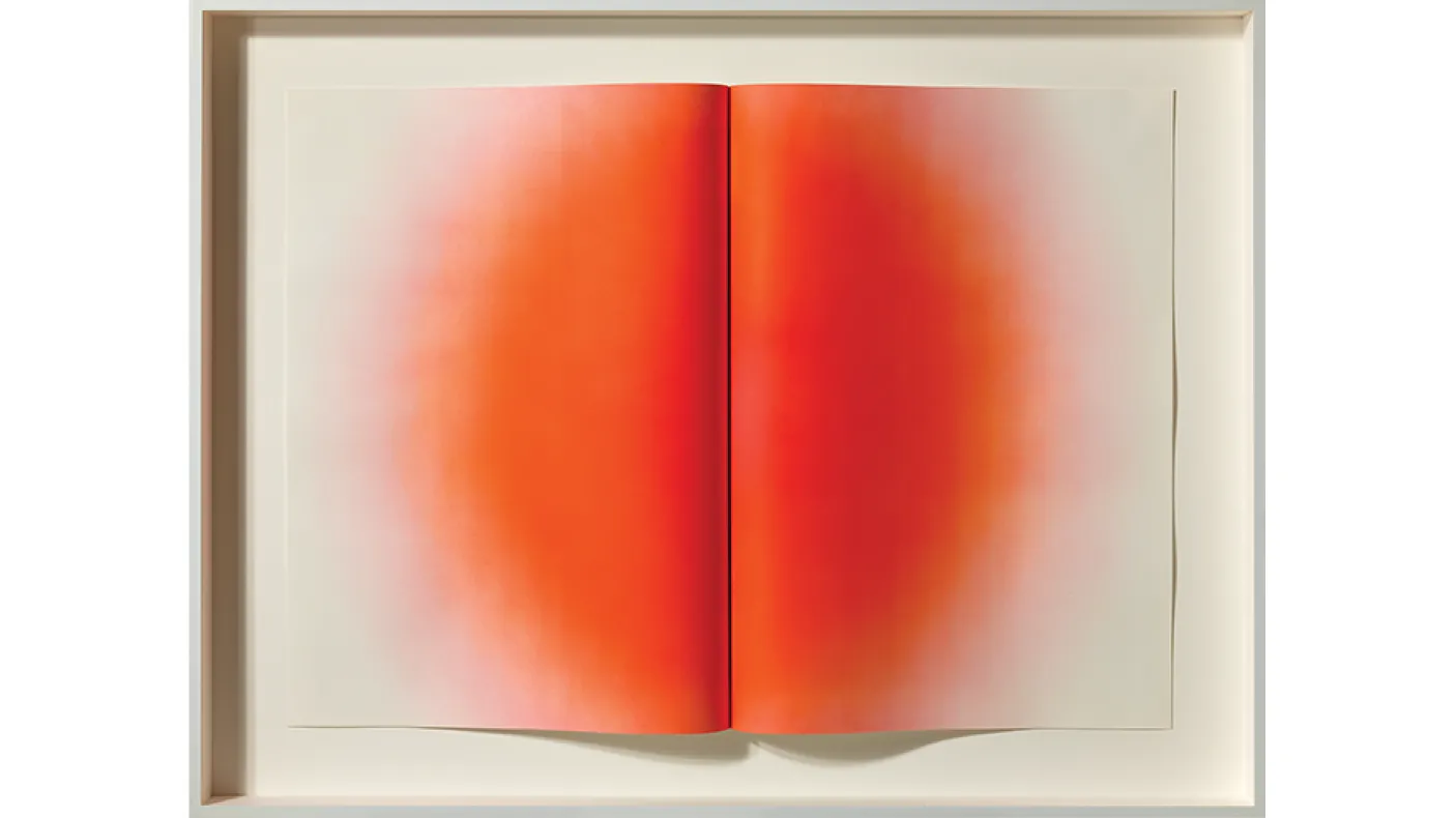 Red sculptural print that looks like a raised book fold with a dispersing red dot in the middle