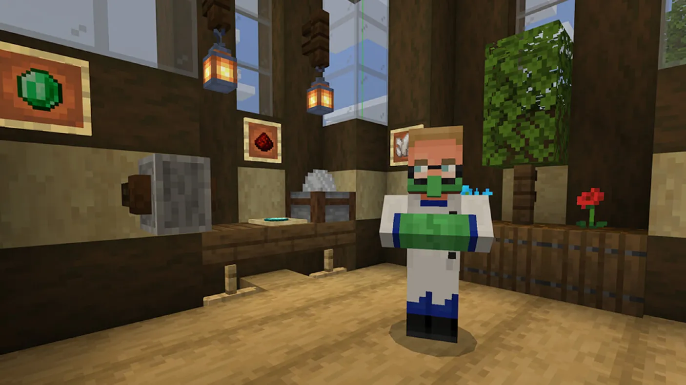 A Minecraft screenshot of a scientist standing in front of tables covered in rocks and minerals.
