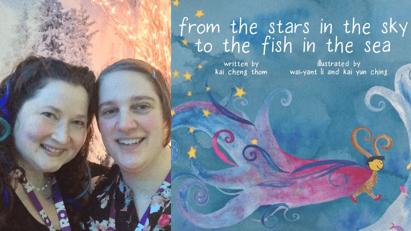 Sarah Elliott et Julie Tomé avec la couverture du livre From the Stars in the Sky to the Fish in the Sea.
