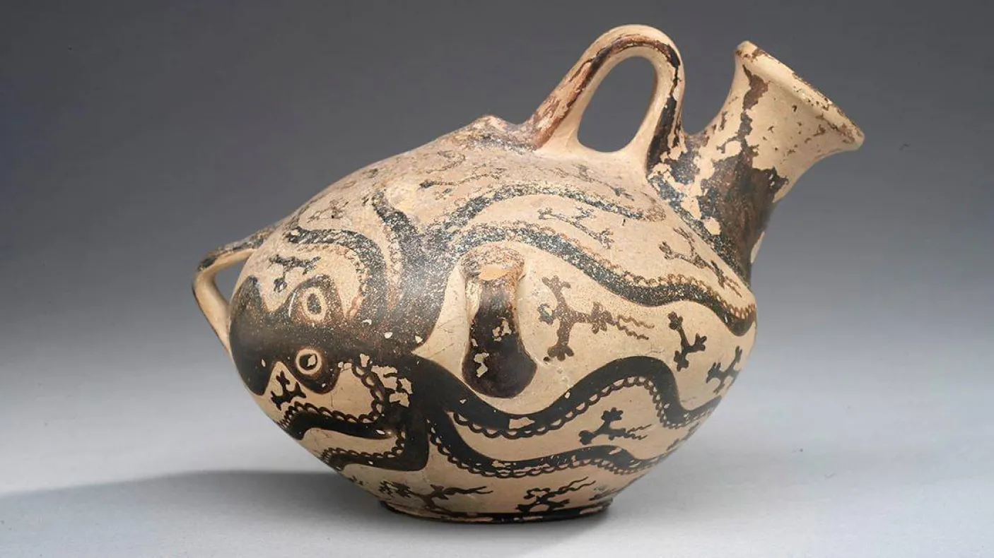 ROM’s Mycenaean Marine Style askos, decorated with octopi and dating from about 1500 BC.
