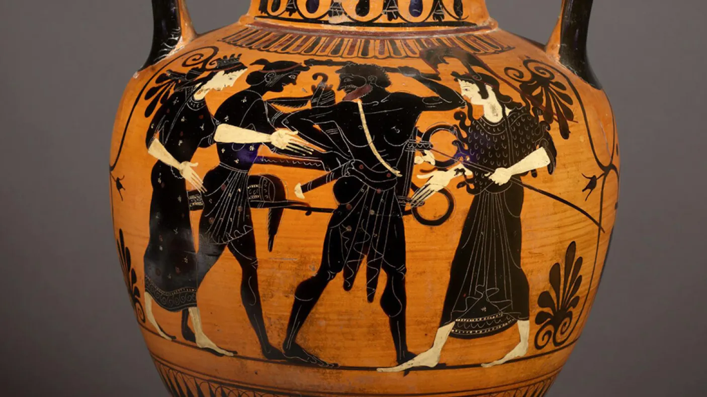 Attic black-figure lidded amphora showing Herakles stealing the Delphic Tripod.
