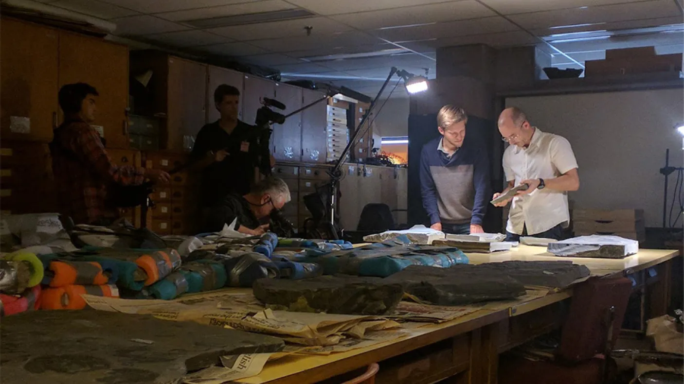 Group of people looking at a fossil