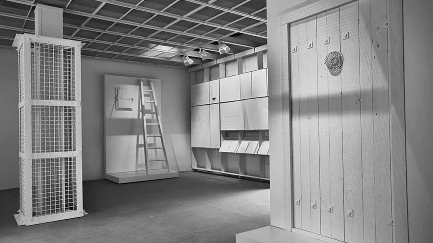 Interior perspective of The Evidence Room with models of Auschwitz gas column and gas-tight hatch, plaster casts and model of gas-tight door.