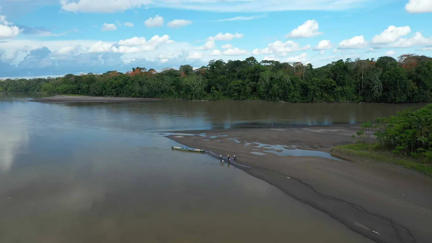 An overhead drone captures the WWF-Ecuador-funded research team in the field.