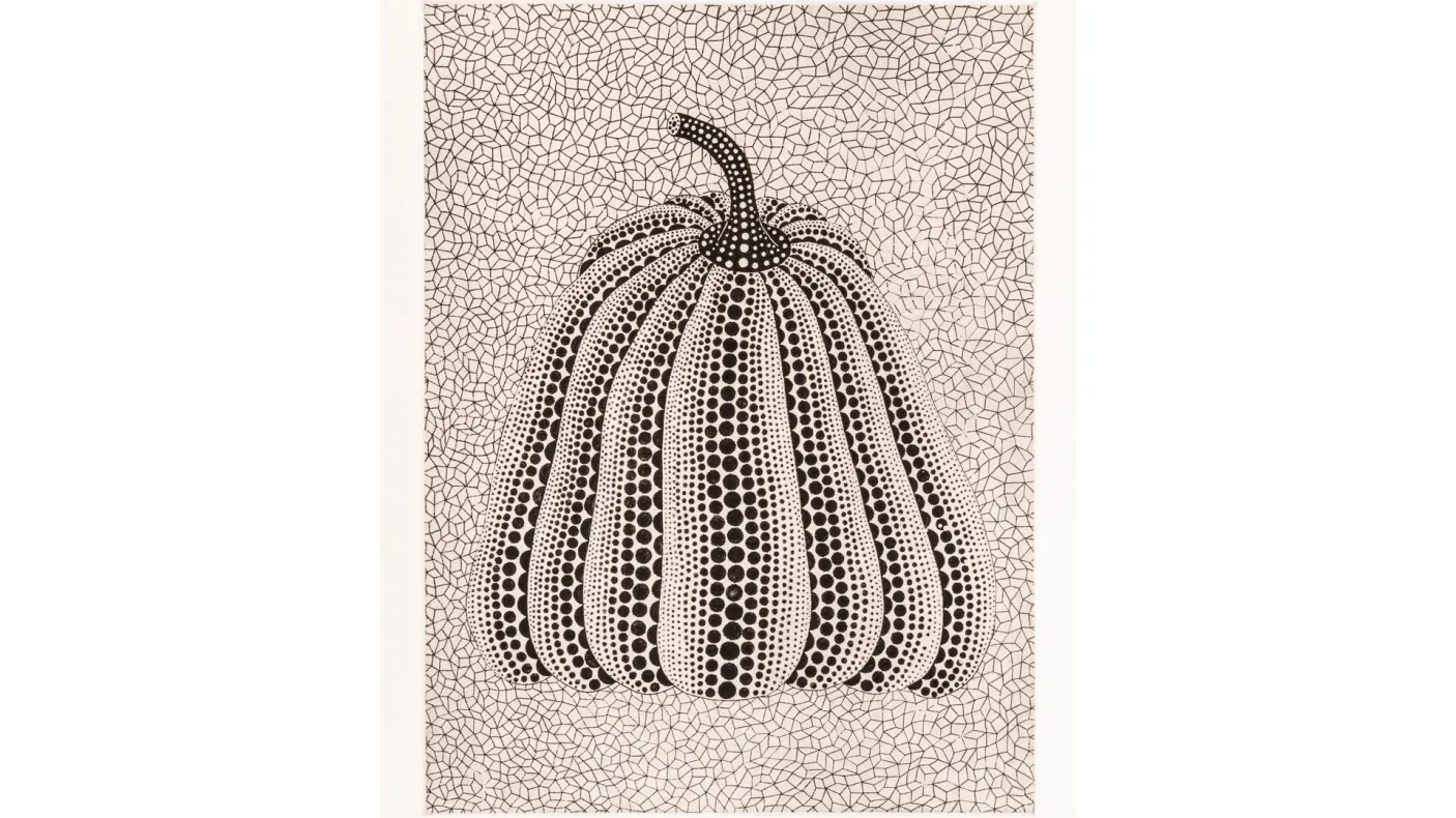 Black and white print showing a pumpkin.