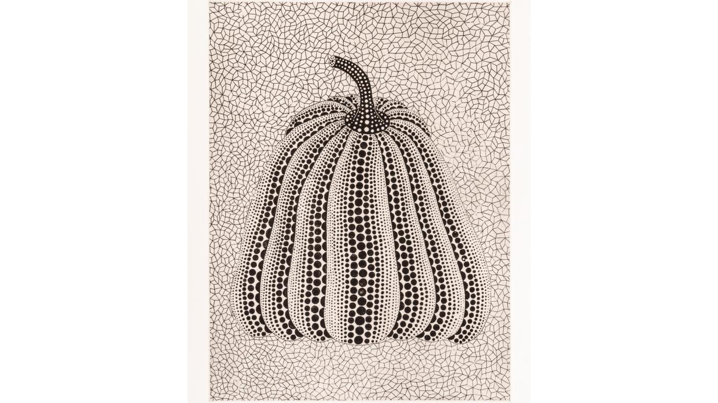 Black and white print showing a pumpkin.