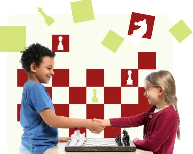 Two children share hands over a chess board before starting a game.