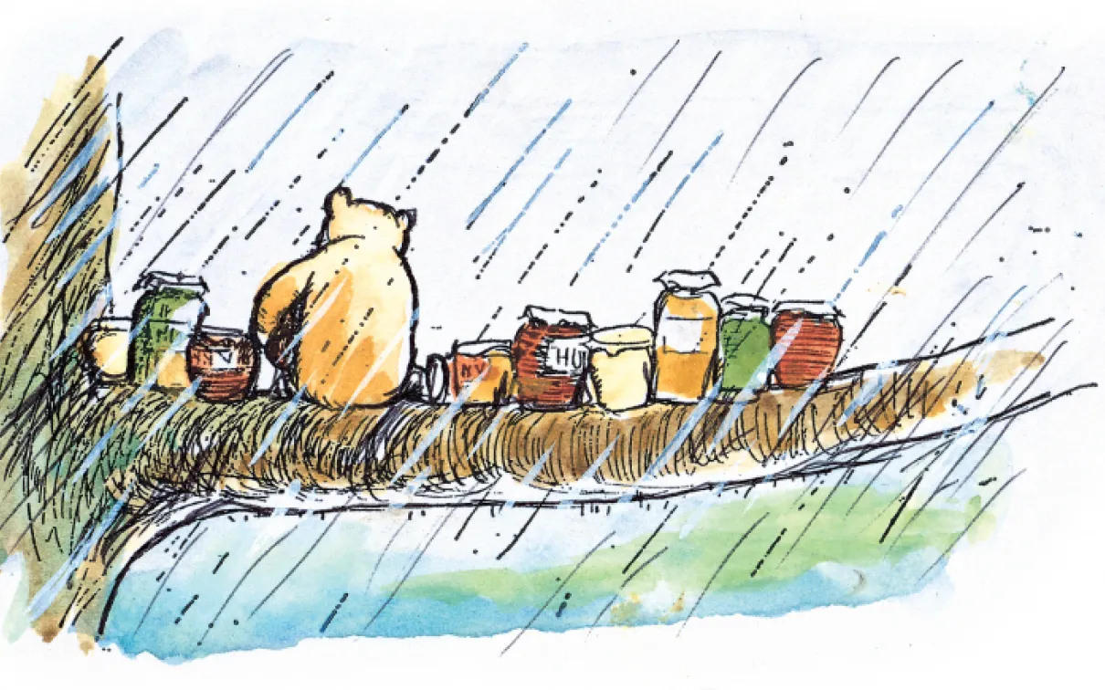 Pooh sitting on his branch Line block print of Winnie-the-Pooh sitting on a tree branch with honey jars.