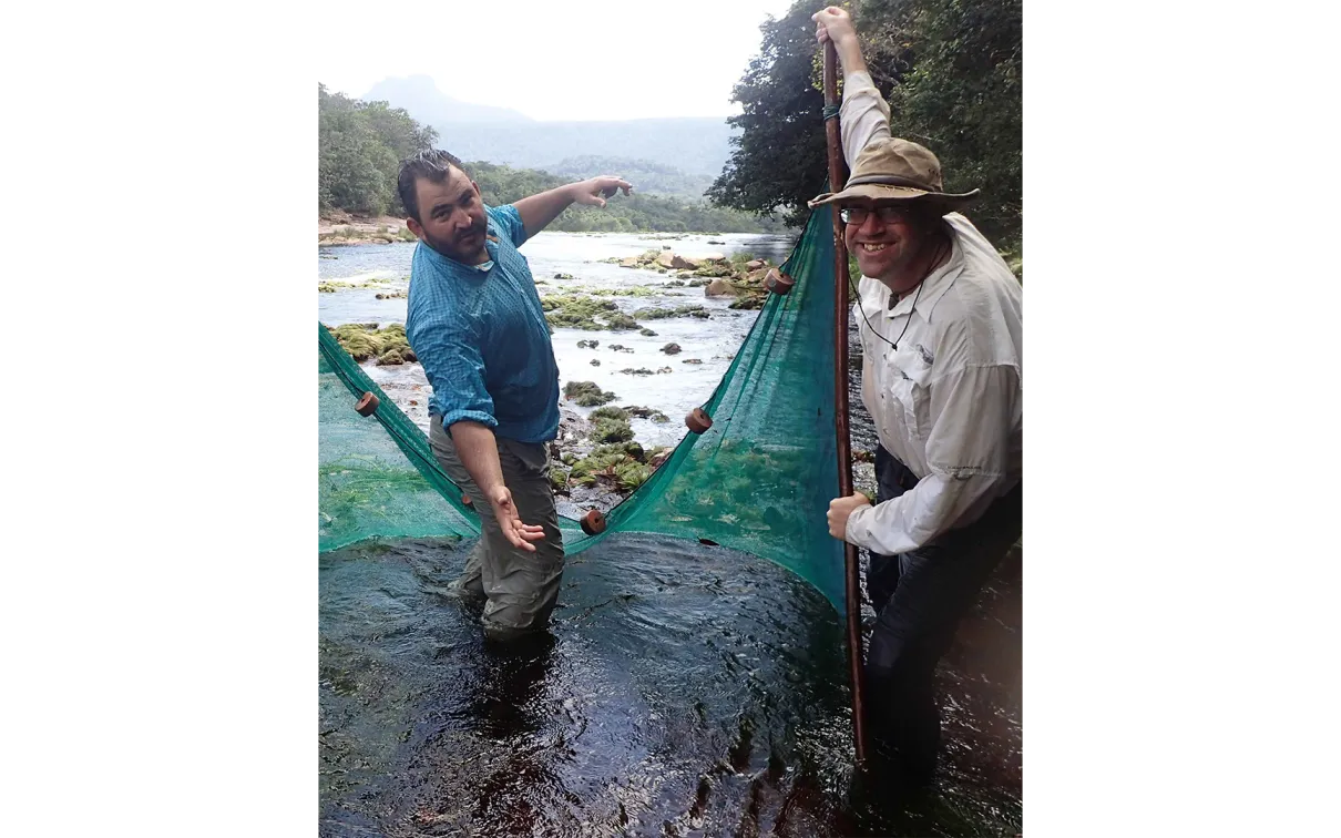 David Brooks (left) and Nathan Lujan in 2016, sampling above Andu Falls in the Ireng River, which defines Guyana’s western border with Brazil.