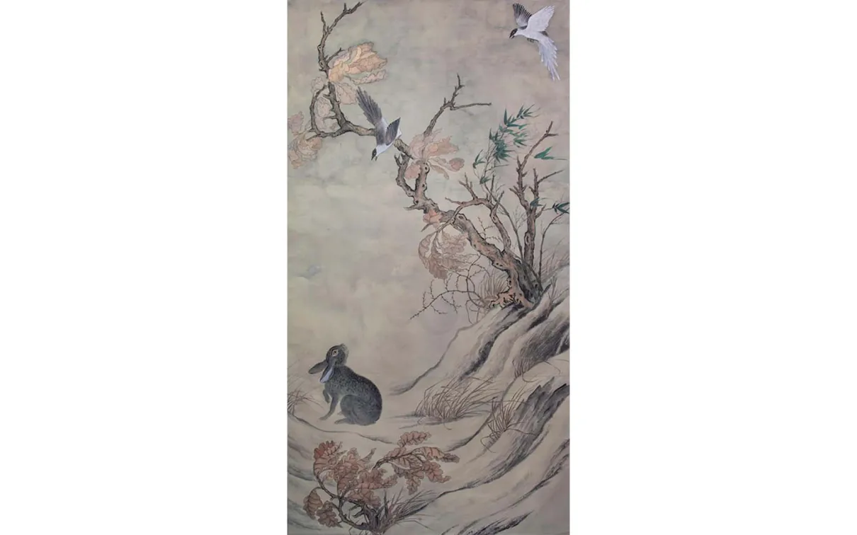 Hanging scroll showing hare and magpies