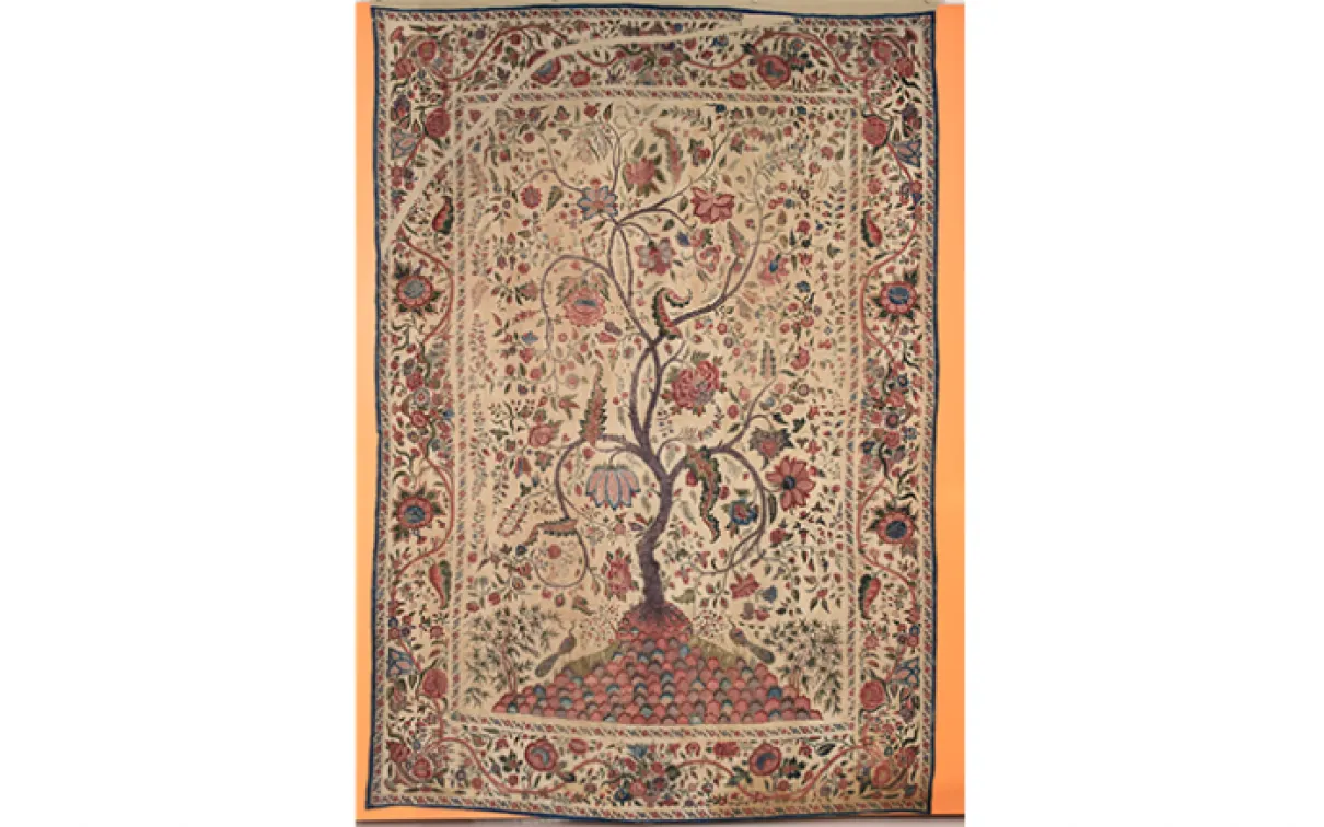 Chintz palampore (textile panel). Made on the Coromandel Coast (northern region) of India for the European market. first half of the 18th century. Painted and resist-dyed cotton tabby with gold leaf. 934.4.13 Harry Wearne Collection, Gift of Mrs. Harry Wearne. Chintz palampore (textile panel). Made on the Coromandel Coast (northern region) of India for the European market. first half of the 18th century. Painted and resist-dyed cotton tabby with gold leaf. 934.4.13 Harry Wearne Collection, Gift of Mrs. Harry Wearne.