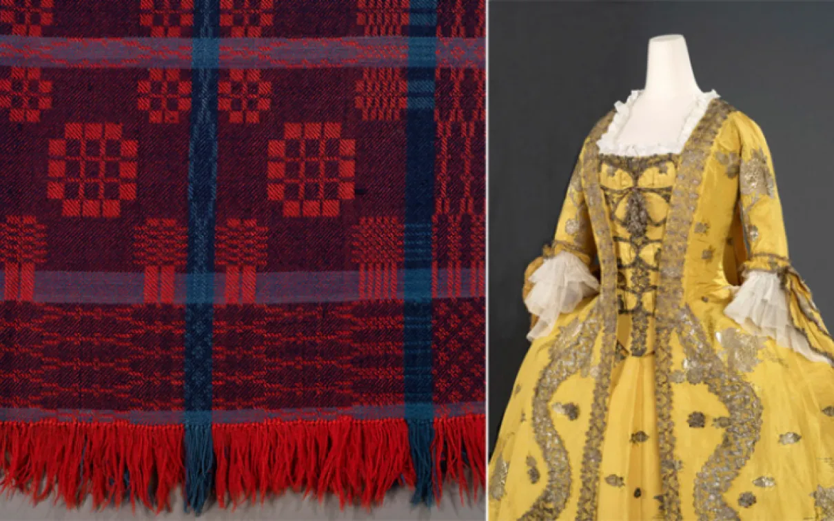 Left: 955.80.1.Coverlet Samuel Fry (Canadian weaver in Vineland ON, 1812 - 1881). Clinton Township, Lincoln County, Ontario, Canada. Twill diaper weave in coloured wool c. 1860. 211 x 199 cm. Gift of Mr. and Mrs. Harold B. Burnham. ROM2017_15641_1. Right: 973.399.A-C. Robe à la française Spitalfields (London), England. Silk extended tabby (gros de Tours) with liseré self-patterning and brocading in silver lamella and filé Georgian Rococo. 1750s. Gift of the Fashion Group Inc. of Toronto in memory of Gwen Co