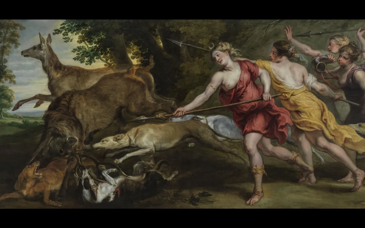 Diana, and three nymphs, hunt deer with spears and dogs.