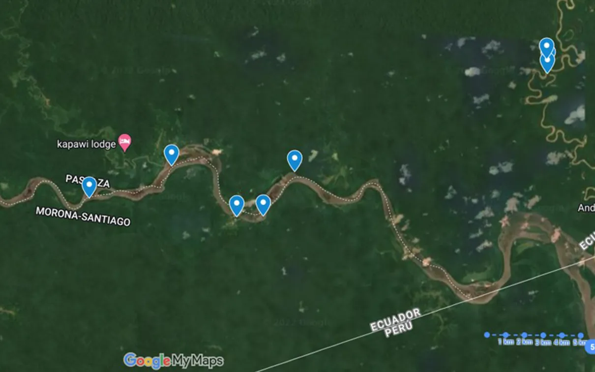 A GoogleEarth satellite view of the team’s various field sites along the Pastaza River.