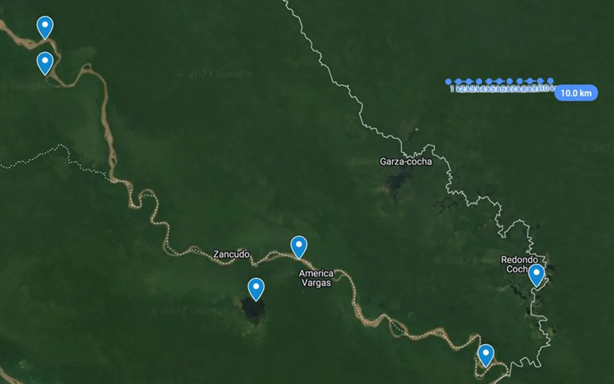 A GoogleEarth satellite view of the team’s various field sites along the Napo and Aguarico river drainages in northern Ecuador.