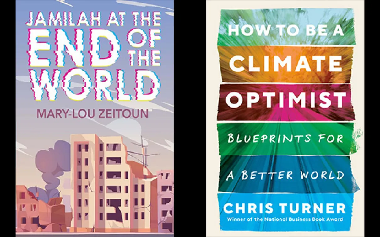 Photo of book covers for How to be a Climate Optimist and Jamilah at the End of the World
