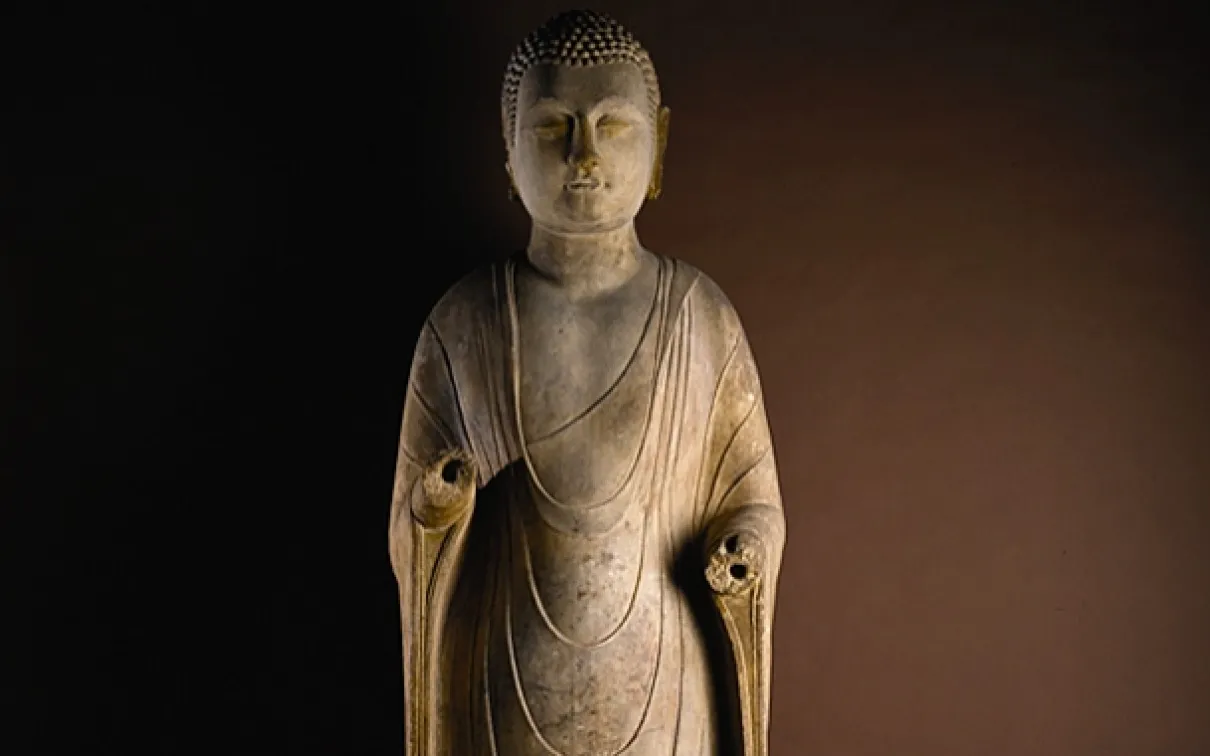 Matthews Family Court of Chinese Sculpture, Three-metre tall 6th century marble standing Buddha.