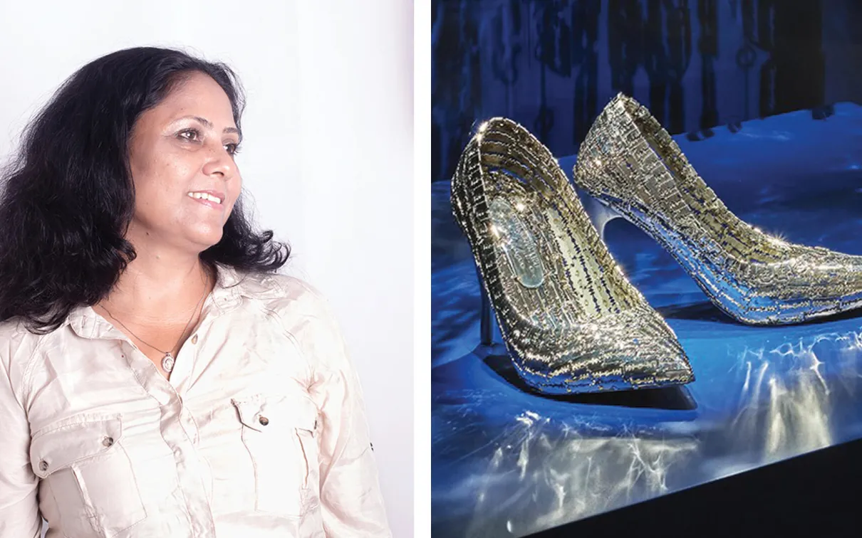 Artist Tayeba Begum Lipi and Two high heels made of razorblades. Not For Me, 2018. Stainless steel razor blades, 16 x 22 x 9 cm (each shoe). Collection of Royal Ontario Museum. This acquisition was made possible with the generous support of the Louise Hawley Stone Charitable Trust, Peer Review Fund. Photo: ROM
