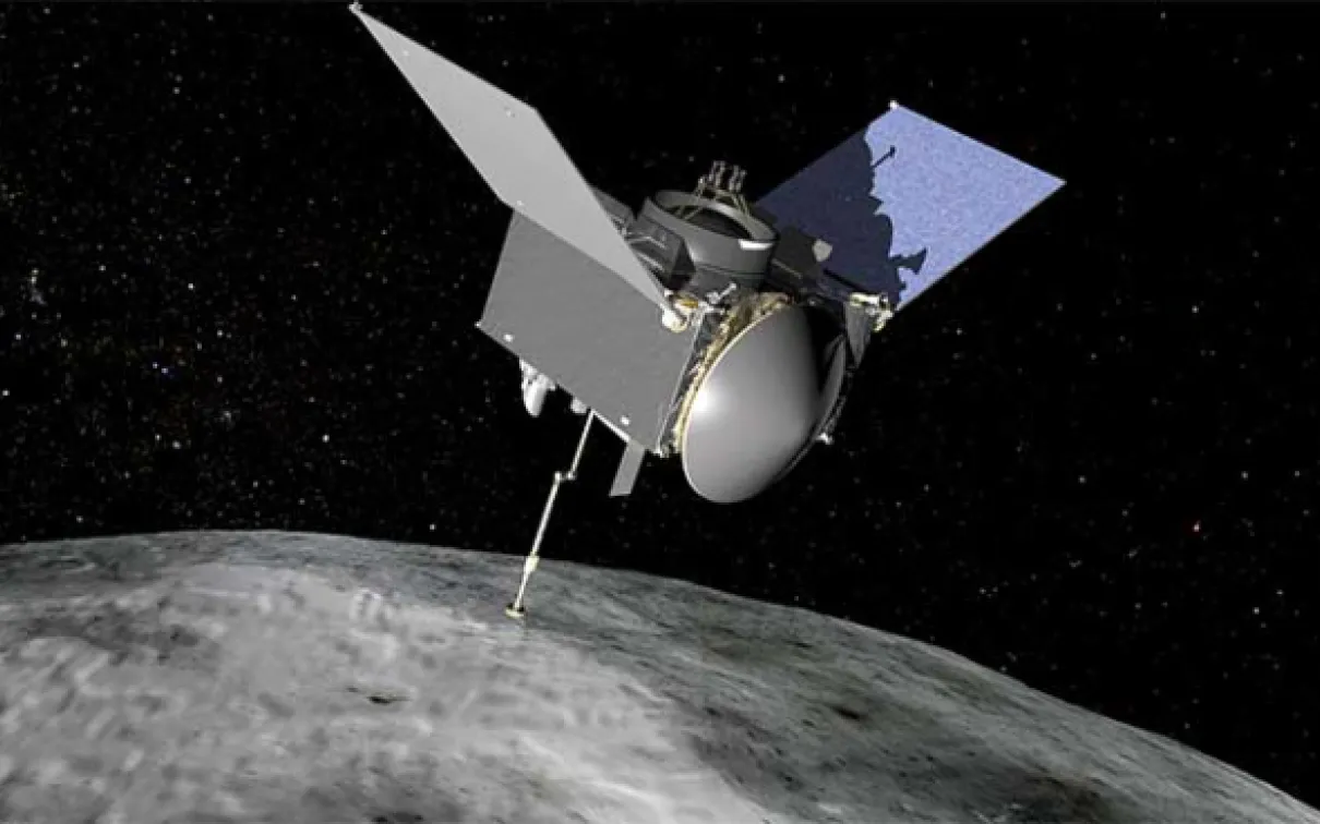 2016-09-30 - OSIRIS-REx extends its sampling arm as it moves in to make contact with the asteroid Bennu. (Credit: NASA/Goddard Space Flight Center)
