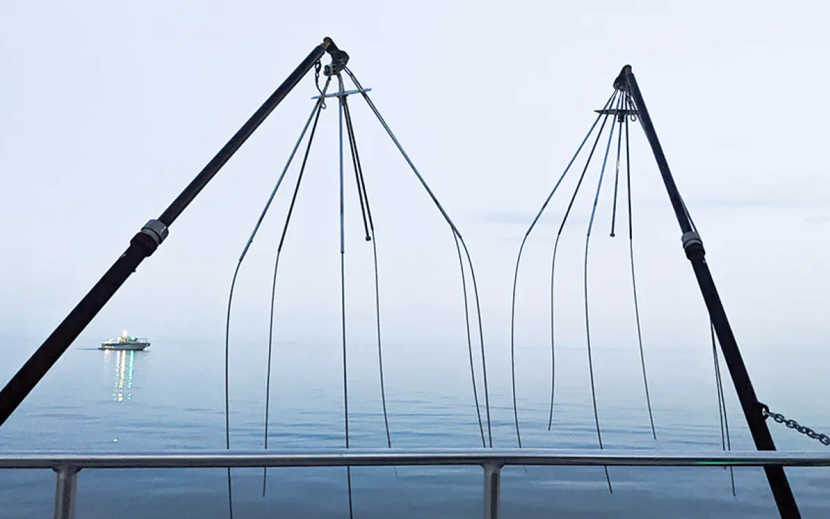 Misty blue hues from Lake Ontario and the surrounding skies, seen from an electrofishing vessel. Photo credit: Sofia Mendoza, Fleming College Environmental Visual Communications Program.