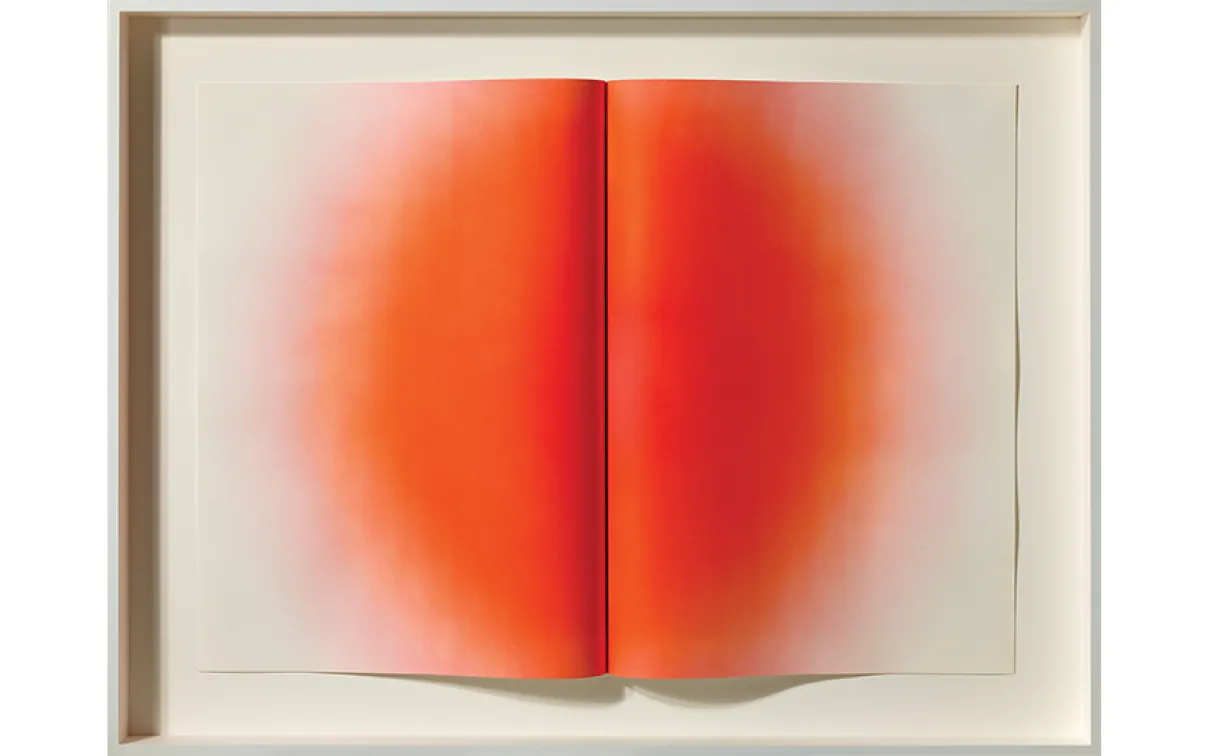 Red sculptural print that looks like a raised book fold with a dispersing red dot in the middle