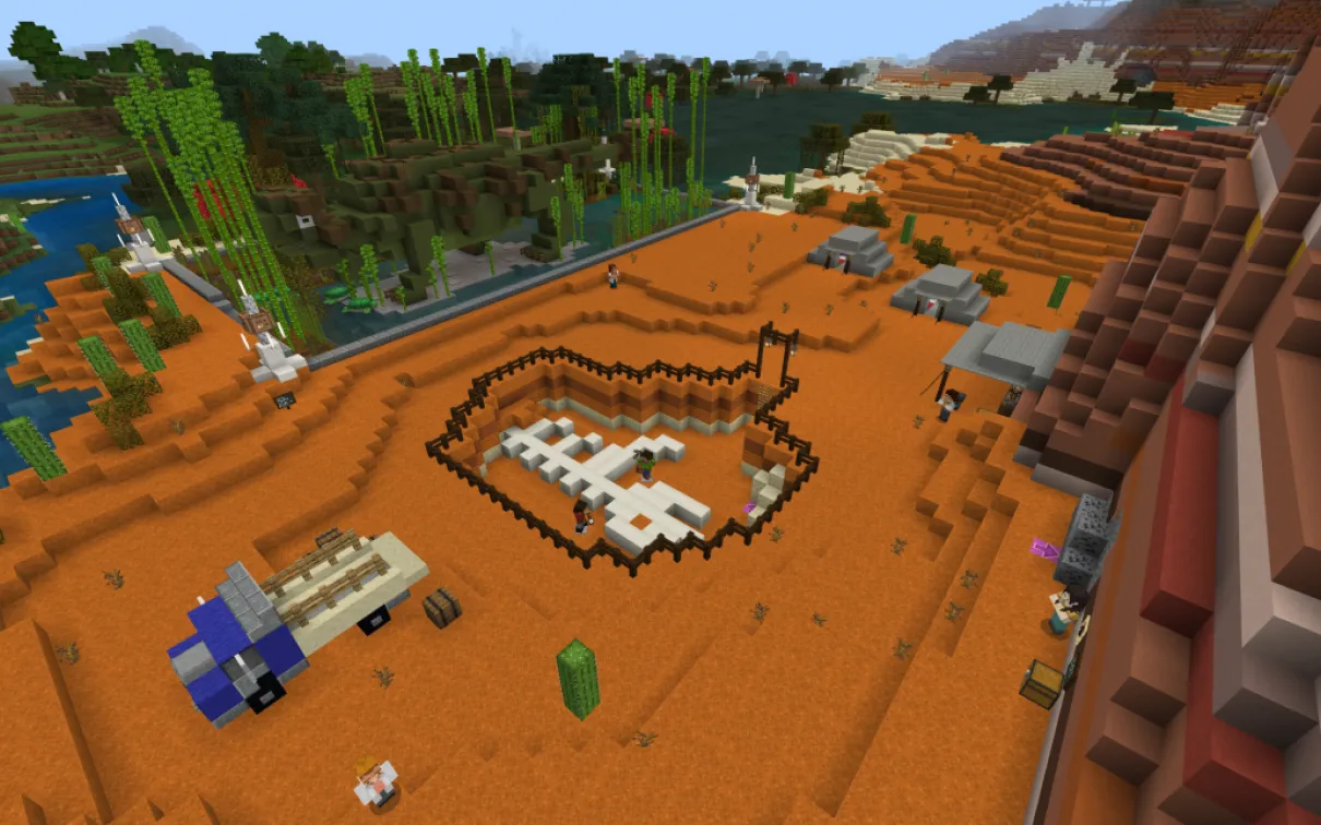 A Minecraft screenshot of a dinosaur dig site with exposed dinosaur fossil, tents, truck with crates, and a holographic recreation of an ankylosaur.
