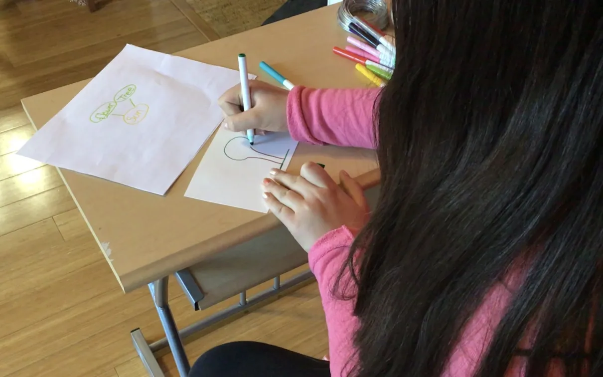 Le dos d'une jeune fille aux longs cheveux noirs qui, assise à un bureau, dessine le contour d'un arbre sur une feuille de papier à l'aide de marqueurs colorés.
