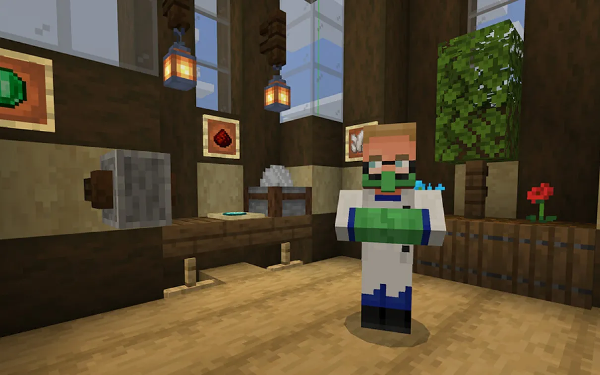 A Minecraft screenshot of a scientist standing in front of tables covered in rocks and minerals.
