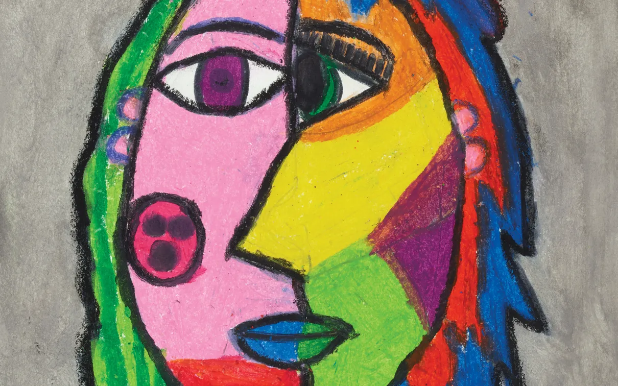 Detail of a drawing of a girl's head and shoulders made with colourful shapes, placed on a grey background.