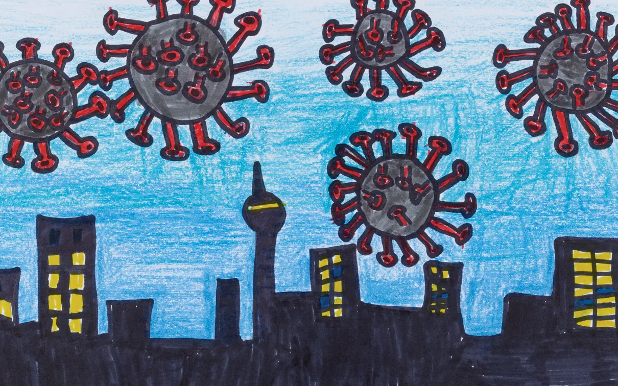 Detail of a drawing of a silhouetted cityscape, with COVID cells floating above in a sunset-coloured sky.