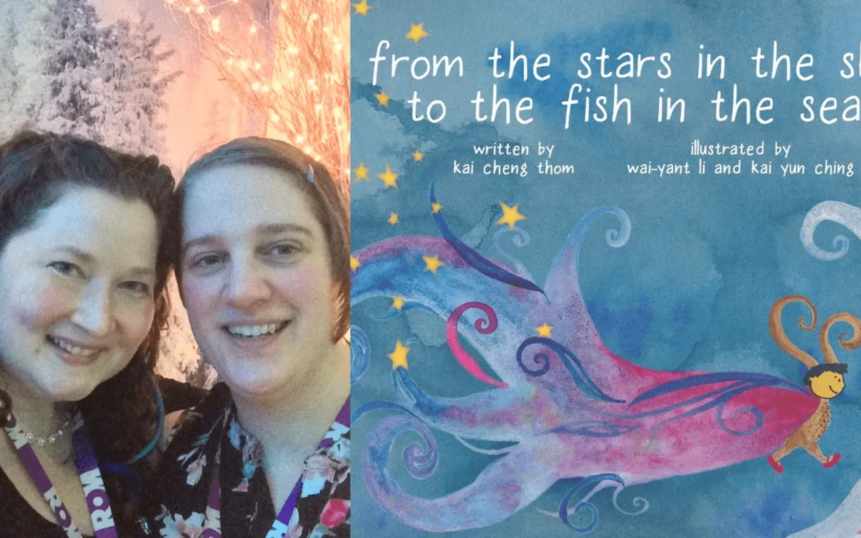 Sarah Elliott and Julie Tomé with From the Stars in the Sky to the Fish in the Sea book cover.
