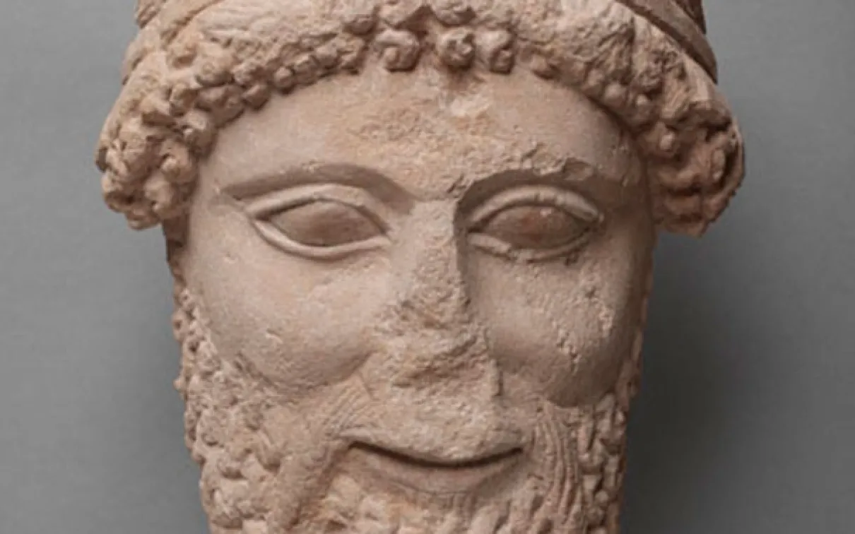 Detail of Cypriot limestone sculpture of head, dating to 5th century BC.