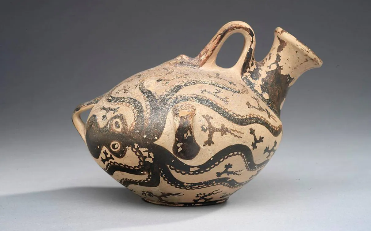 ROM’s Mycenaean Marine Style askos, decorated with octopi and dating from about 1500 BC.
