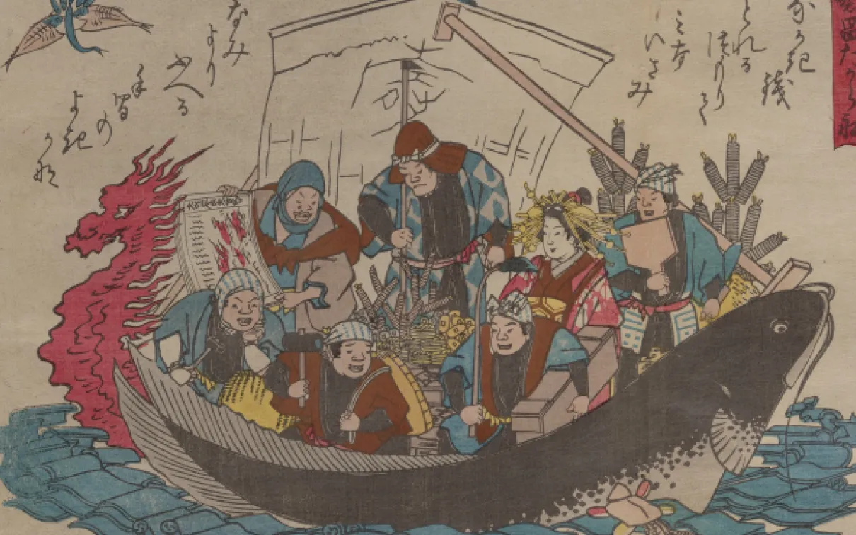 Earthquake print A crowd of prosperous earthquake survivors are crowded in a overloaded boat resembling a catfish.