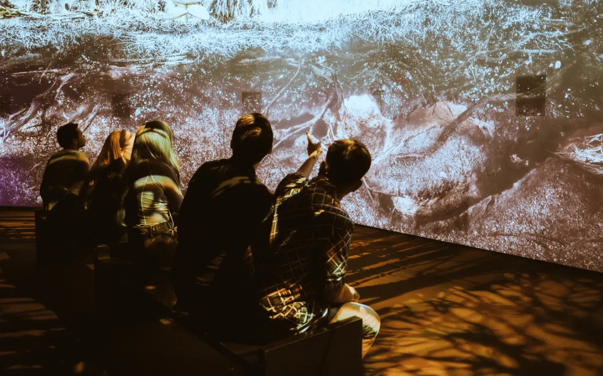 group of people sitting and looking at immersive screens
