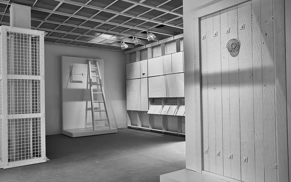 Interior perspective of The Evidence Room with models of Auschwitz gas column and gas-tight hatch, plaster casts and model of gas-tight door.