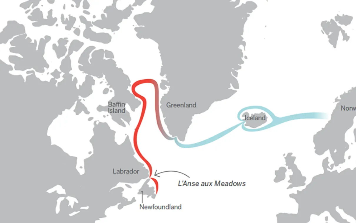 Map of Norse route from Norway to Newfoundland.