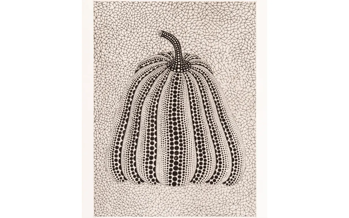 Black and white print showing a pumpkin.