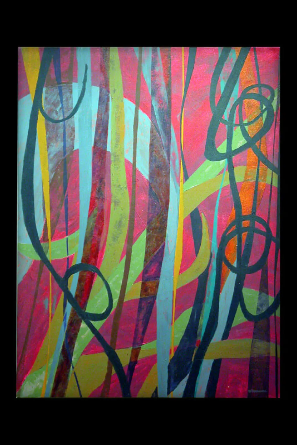 Artwork Acrylic painting on canvas; lines of pink, green, and blue.