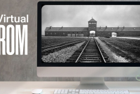 A desktop computer displays an image of Auschwitz. Text reads: Virtual ROM