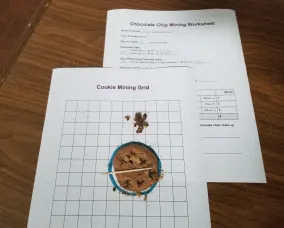 Chocolate chip cookie on grid paper, toothpick, and paperclip on the paper, beside the Chocolate Chip Mining Worksheet