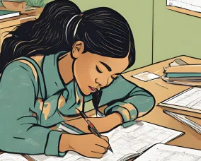 A procedurally generated image of a student doing math work at a desk