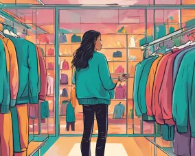 A procedurally generated illustration of a teenager shopping in a clothing store