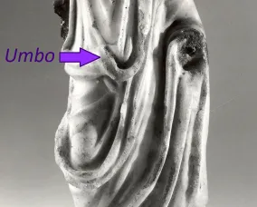 Le texte "umbo" et une flèche indiquent le pli de la toge sur une statue sans tête.