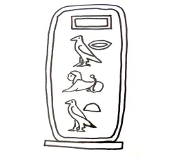 Drawing of the name Charlotte written in hieroglyphs in a cartouche