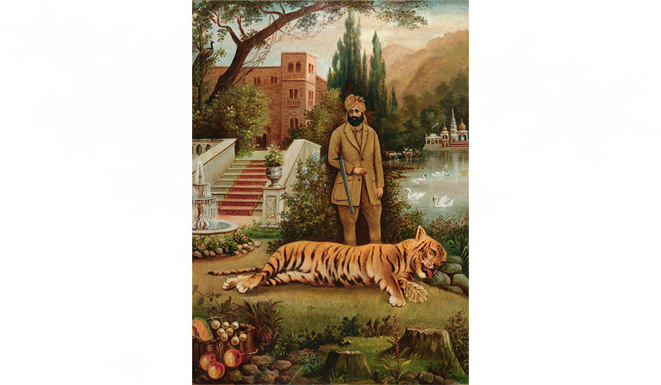 Maharaja avec un tigre, vers 1890. Épreuve à la gélatine argentique, coloriée à la main. Réalisateur Inde non répertoriée, années 1800. Avec l'aimable autorisation de la collection Solander.